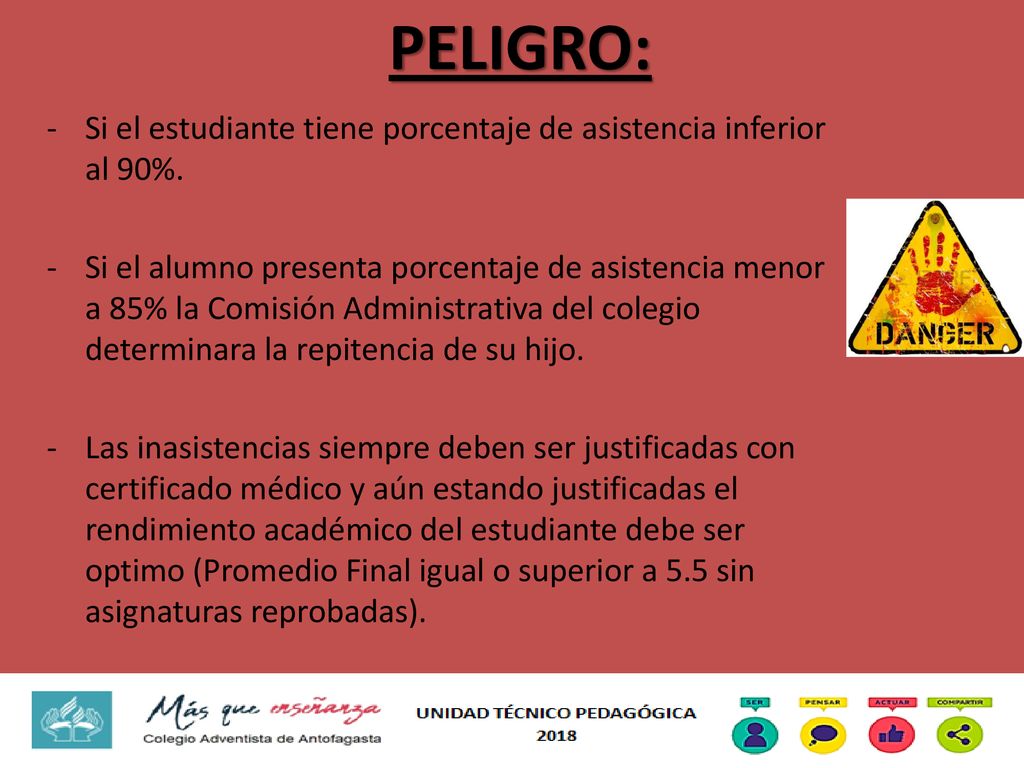 PELIGRO: Si el estudiante tiene porcentaje de asistencia inferior al 90%.