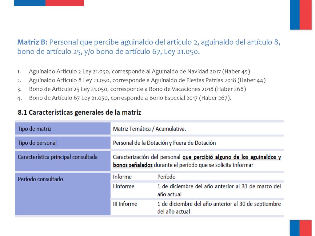 Matriz B: Personal que percibe aguinaldo del artículo 2, aguinaldo del artículo 8, bono de artículo 25, y/o bono de artículo 67, Ley