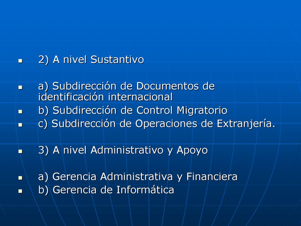 2) A nivel Sustantivo a) Subdirección de Documentos de identificación internacional. b) Subdirección de Control Migratorio.