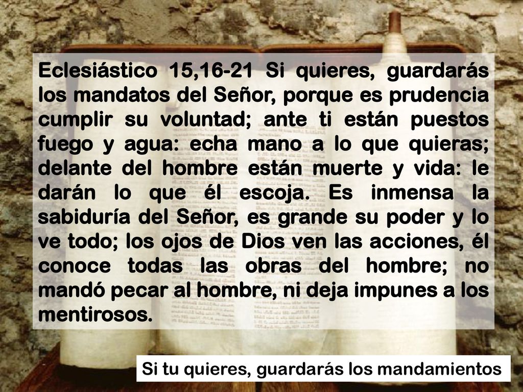 Eclesiástico 15,16-21 Si quieres, guardarás los mandatos del Señor, porque es prudencia cumplir su voluntad; ante ti están puestos fuego y agua: echa mano a lo que quieras; delante del hombre están muerte y vida: le darán lo que él escoja. Es inmensa la sabiduría del Señor, es grande su poder y lo ve todo; los ojos de Dios ven las acciones, él conoce todas las obras del hombre; no mandó pecar al hombre, ni deja impunes a los mentirosos.