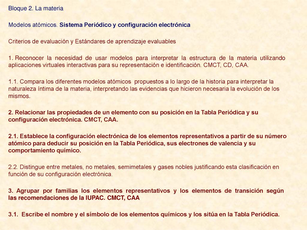 Bloque 2. La materia Modelos atómicos. Sistema Periódico y configuración electrónica. Criterios de evaluación y Estándares de aprendizaje evaluables.