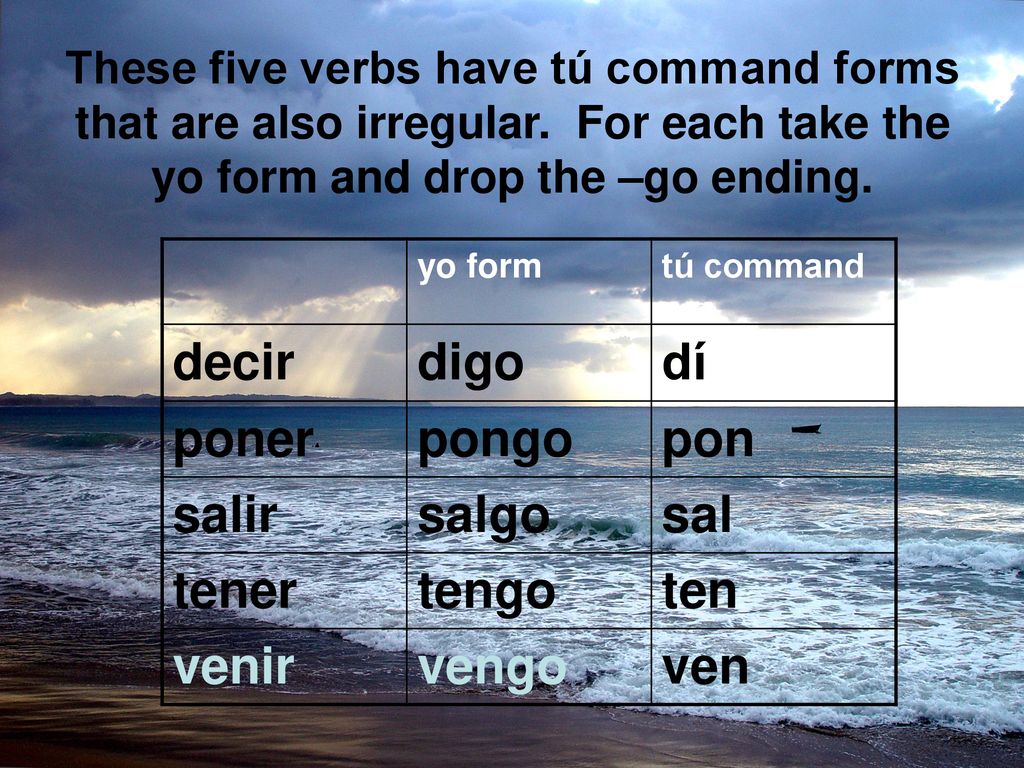 decir digo dí poner pongo pon salir salgo sal tener tengo ten venir