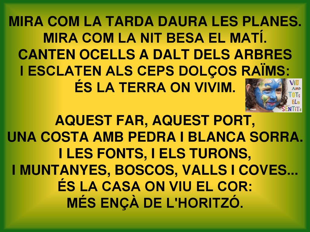 MIRA COM LA TARDA DAURA LES PLANES. MIRA COM LA NIT BESA EL MATÍ