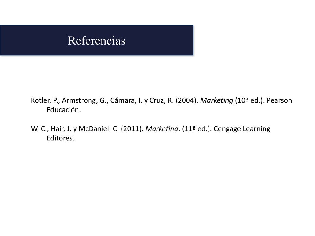Referencias Kotler, P., Armstrong, G., Cámara, I. y Cruz, R. (2004). Marketing (10ª ed.). Pearson Educación.