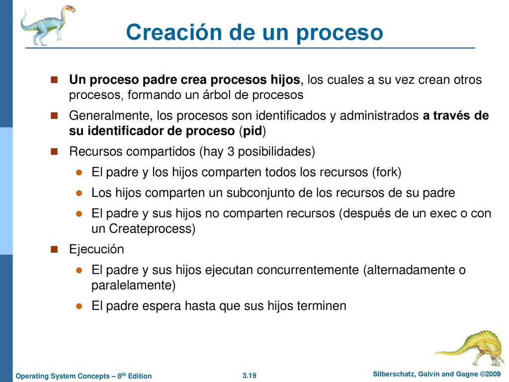 Creación de un proceso Un proceso padre crea procesos hijos, los cuales a su vez crean otros procesos, formando un árbol de procesos.