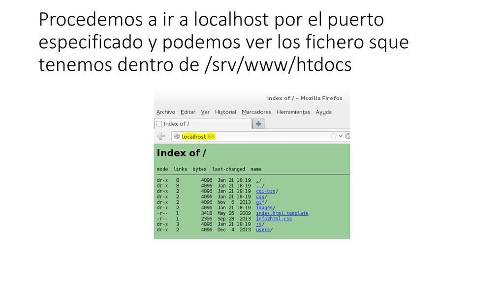 Procedemos a ir a localhost por el puerto especificado y podemos ver los fichero sque tenemos dentro de /srv/www/htdocs