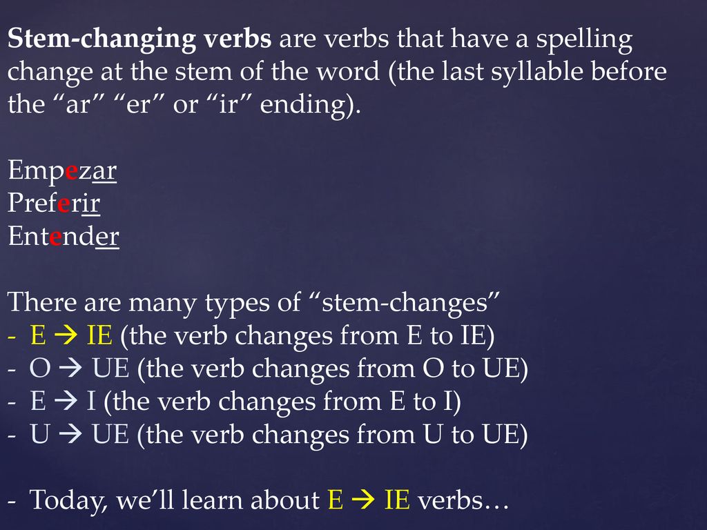 Stem-changing verbs are verbs that have a spelling change at the stem of the word (the last syllable before the ar er or ir ending).