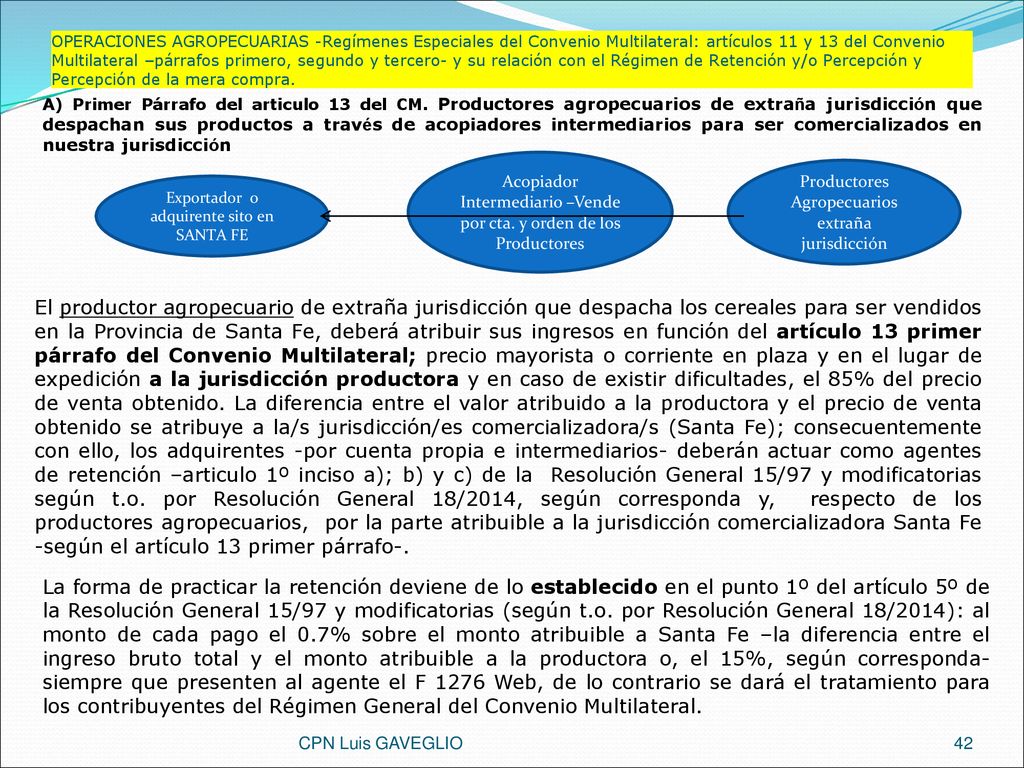 OPERACIONES AGROPECUARIAS -Regímenes Especiales del Convenio Multilateral: artículos 11 y 13 del Convenio Multilateral –párrafos primero, segundo y tercero- y su relación con el Régimen de Retención y/o Percepción y Percepción de la mera compra.