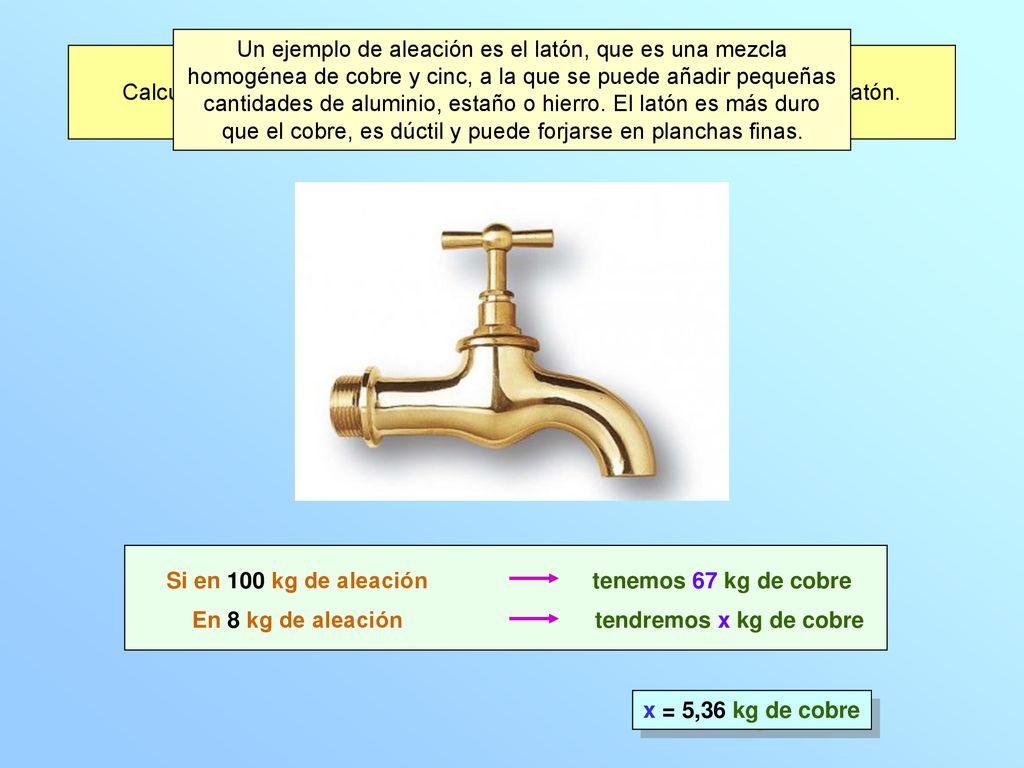 El latón ordinario contiene 67 % de cobre y 33 % de cinc.
