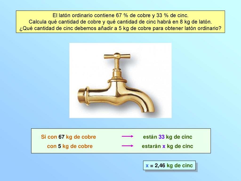 El latón ordinario contiene 67 % de cobre y 33 % de cinc.