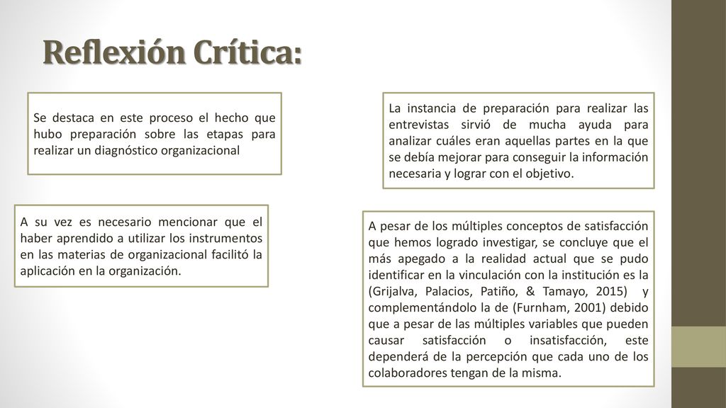 Reflexión Crítica: Se destaca en este proceso el hecho que hubo preparación sobre las etapas para realizar un diagnóstico organizacional.