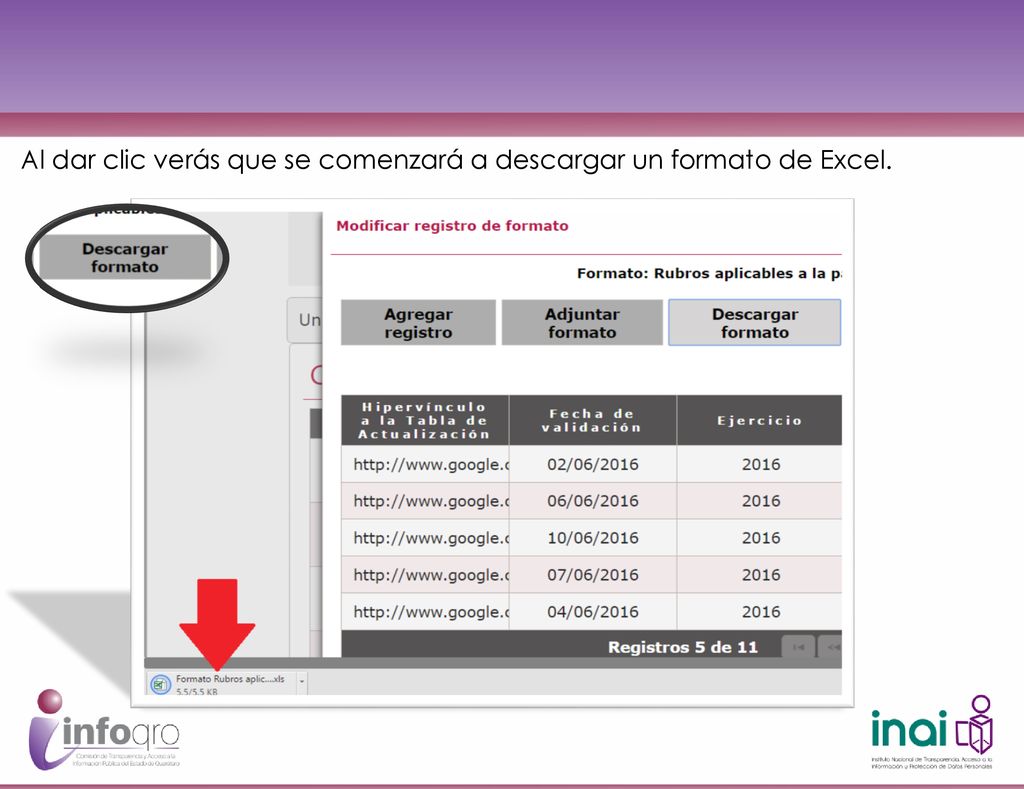 Al dar clic verás que se comenzará a descargar un formato de Excel.