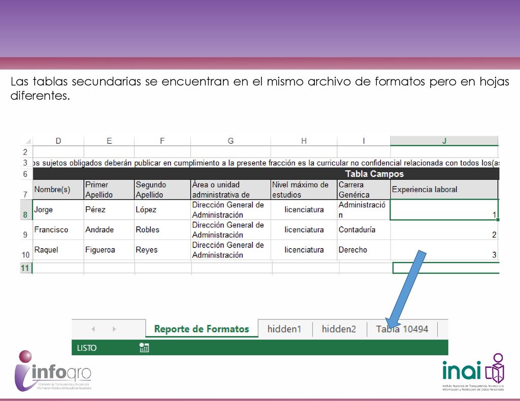 Las tablas secundarias se encuentran en el mismo archivo de formatos pero en hojas diferentes.