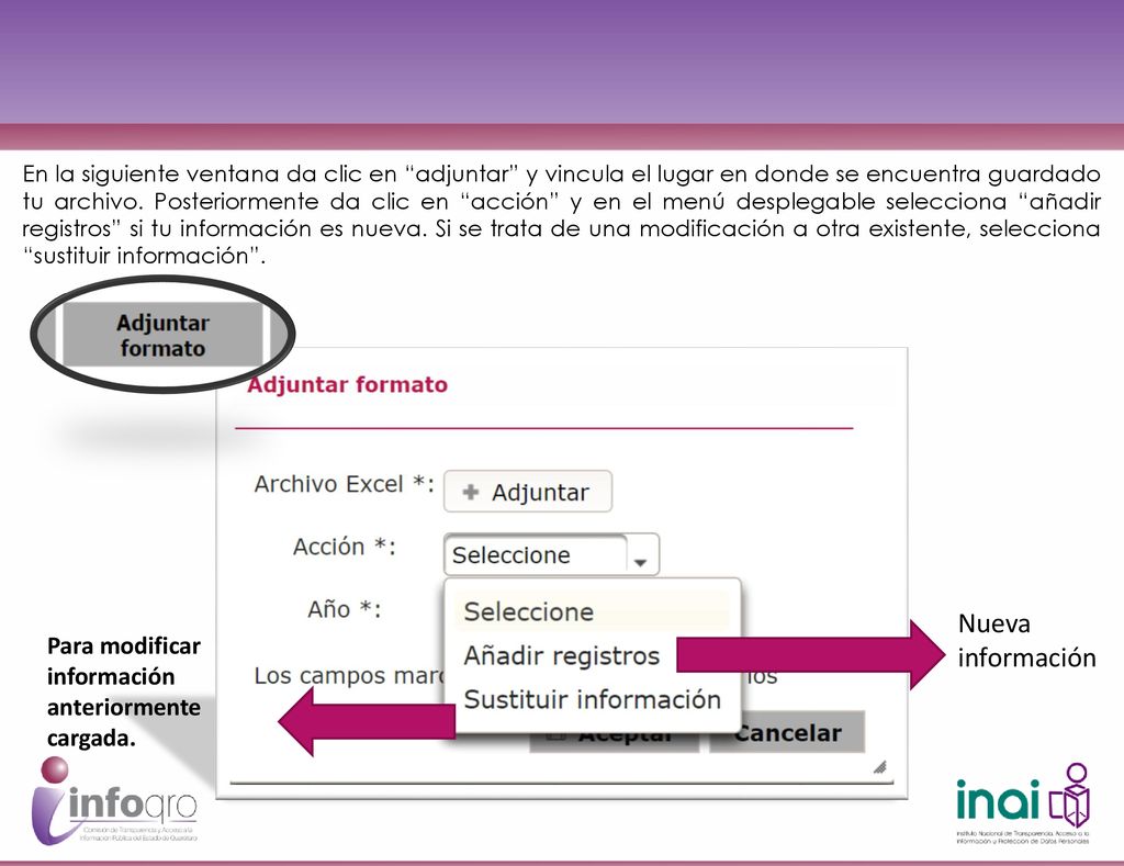 Nueva información Para modificar información anteriormente cargada.