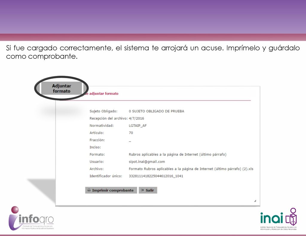 Si fue cargado correctamente, el sistema te arrojará un acuse