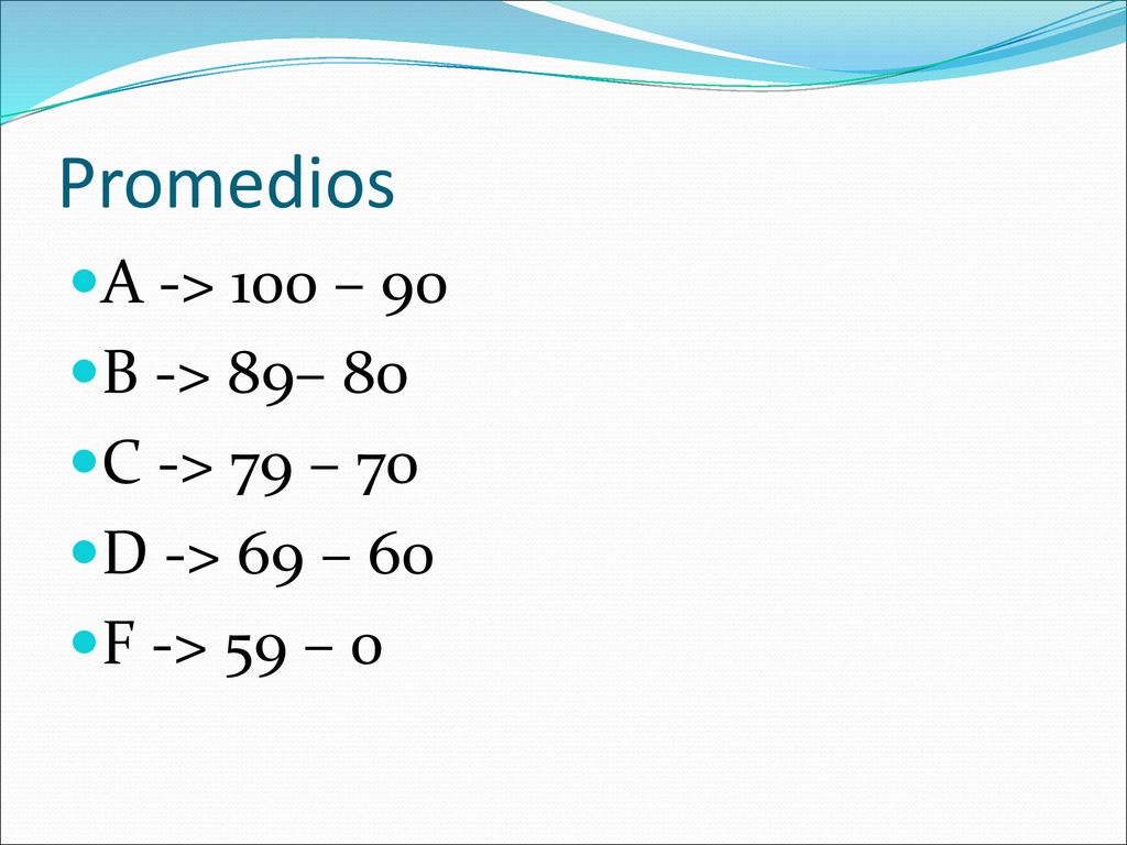 Promedios A -> 100 – 90 B -> 89– 80 C -> 79 – 70