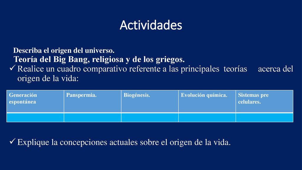 Actividades Teoría del Big Bang, religiosa y de los griegos.