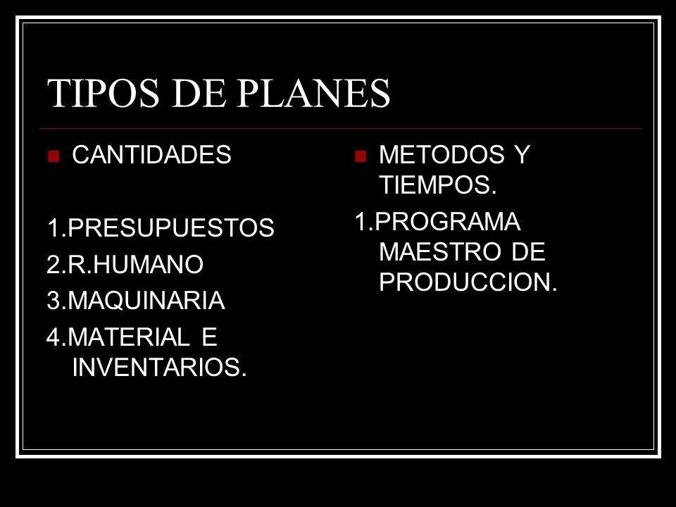 TIPOS DE PLANES CANTIDADES 1.PRESUPUESTOS 2.R.HUMANO 3.MAQUINARIA