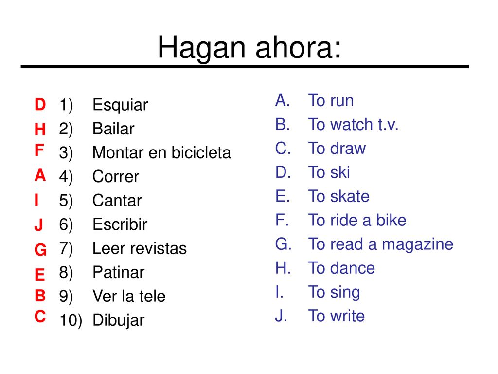 Hagan ahora: To run To watch t.v. To draw To ski To skate