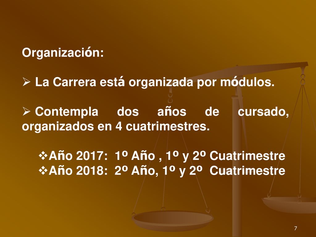 Organización: La Carrera está organizada por módulos. Contempla dos años de cursado, organizados en 4 cuatrimestres.