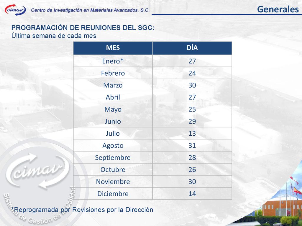 Generales MES DÍA Enero* 27 Febrero 24 Marzo 30 Abril Mayo 25 Junio 29