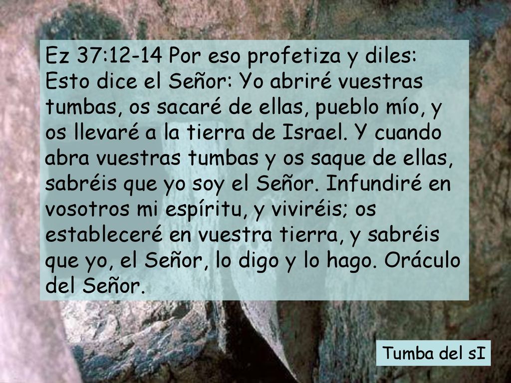 Ez 37:12-14 Por eso profetiza y diles: Esto dice el Señor: Yo abriré vuestras tumbas, os sacaré de ellas, pueblo mío, y os llevaré a la tierra de Israel. Y cuando abra vuestras tumbas y os saque de ellas, sabréis que yo soy el Señor. Infundiré en vosotros mi espíritu, y viviréis; os estableceré en vuestra tierra, y sabréis que yo, el Señor, lo digo y lo hago. Oráculo del Señor.