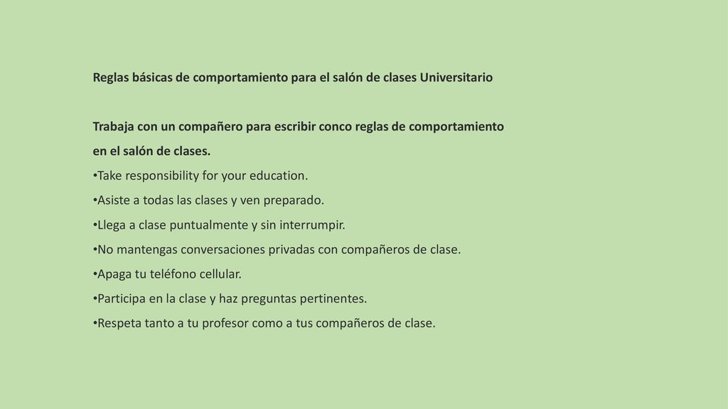 Reglas básicas de comportamiento para el salón de clases Universitario