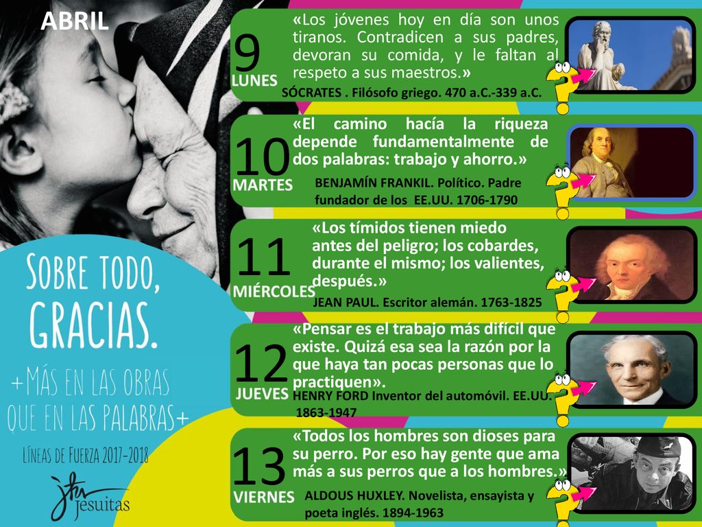 ABRIL «Los jóvenes hoy en día son unos tiranos. Contradicen a sus padres, devoran su comida, y le faltan al respeto a sus maestros.»