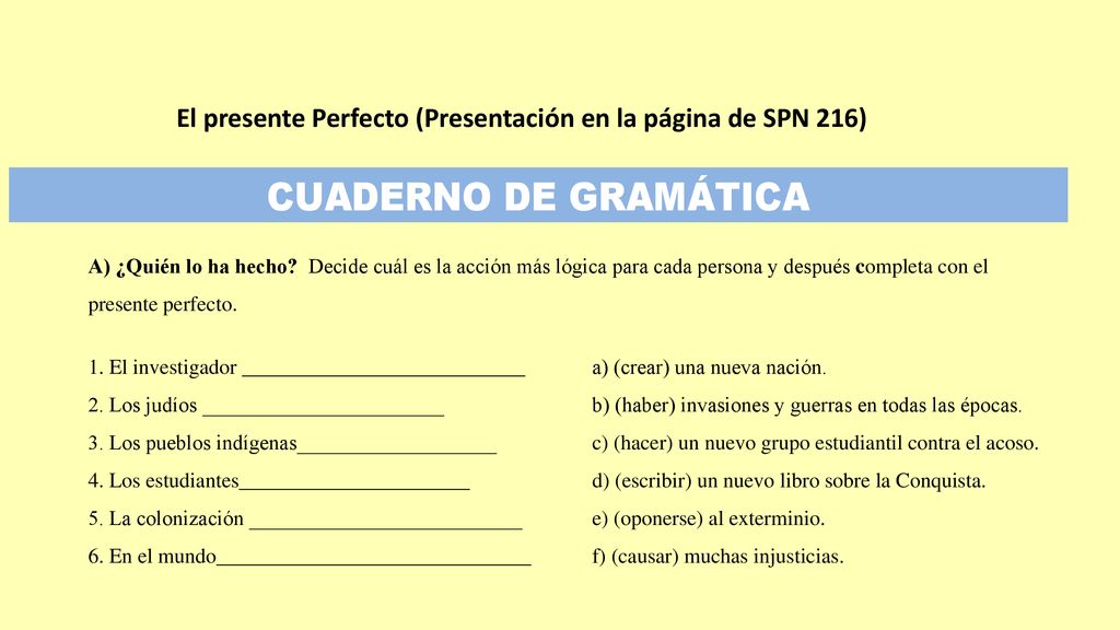El presente Perfecto (Presentación en la página de SPN 216)