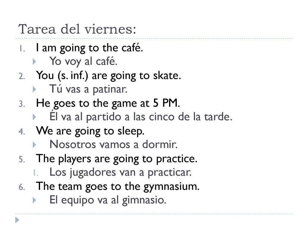 Tarea del viernes: I am going to the café. Yo voy al café.