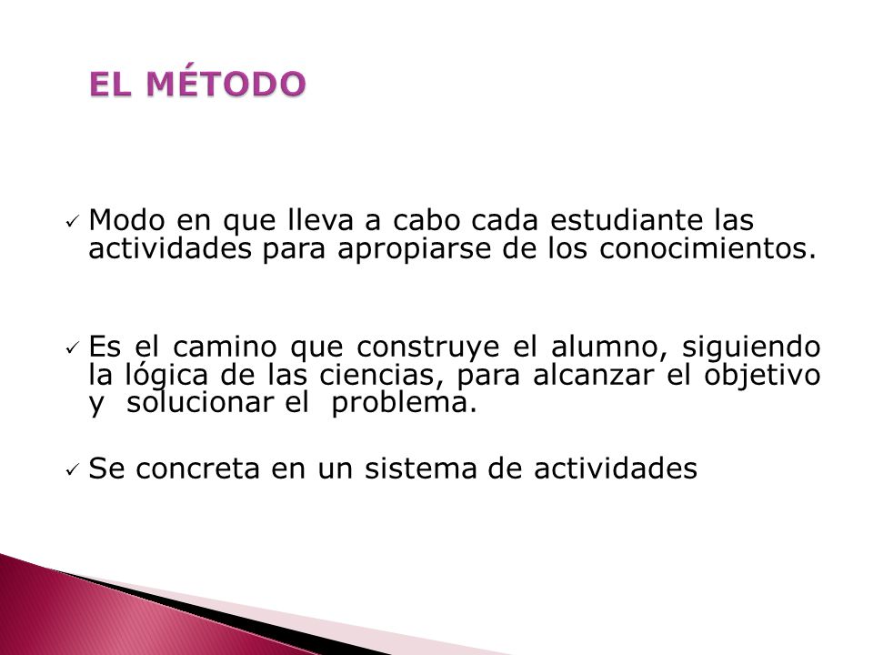 EL MÉTODO Modo en que lleva a cabo cada estudiante las actividades para apropiarse de los conocimientos.