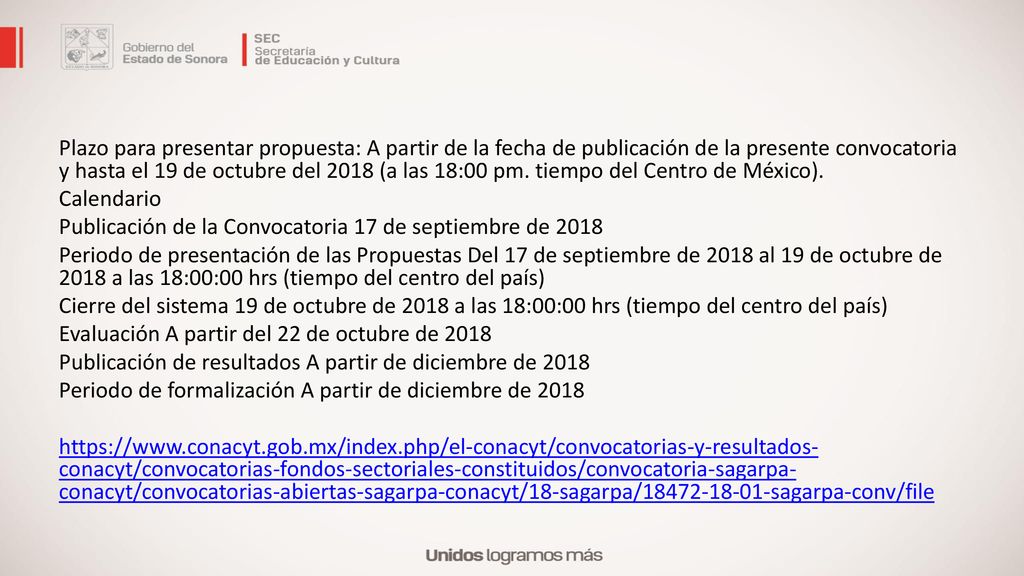 Plazo para presentar propuesta: A partir de la fecha de publicación de la presente convocatoria y hasta el 19 de octubre del 2018 (a las 18:00 pm.