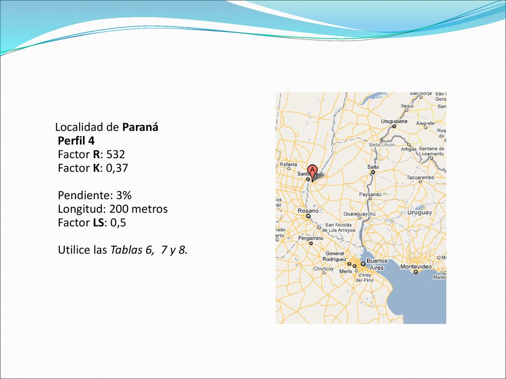 Localidad de Paraná Perfil 4. Factor R: 532. Factor K: 0,37. Pendiente: 3% Longitud: 200 metros.