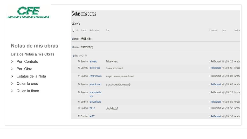 Notas de mis obras Lista de Notas a mis Obras Por Contrato Por Obra
