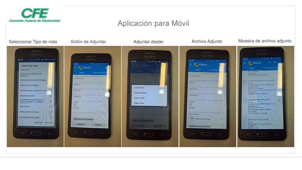 Aplicación para Móvil Seleccionar Tipo de nota Botón de Adjuntar