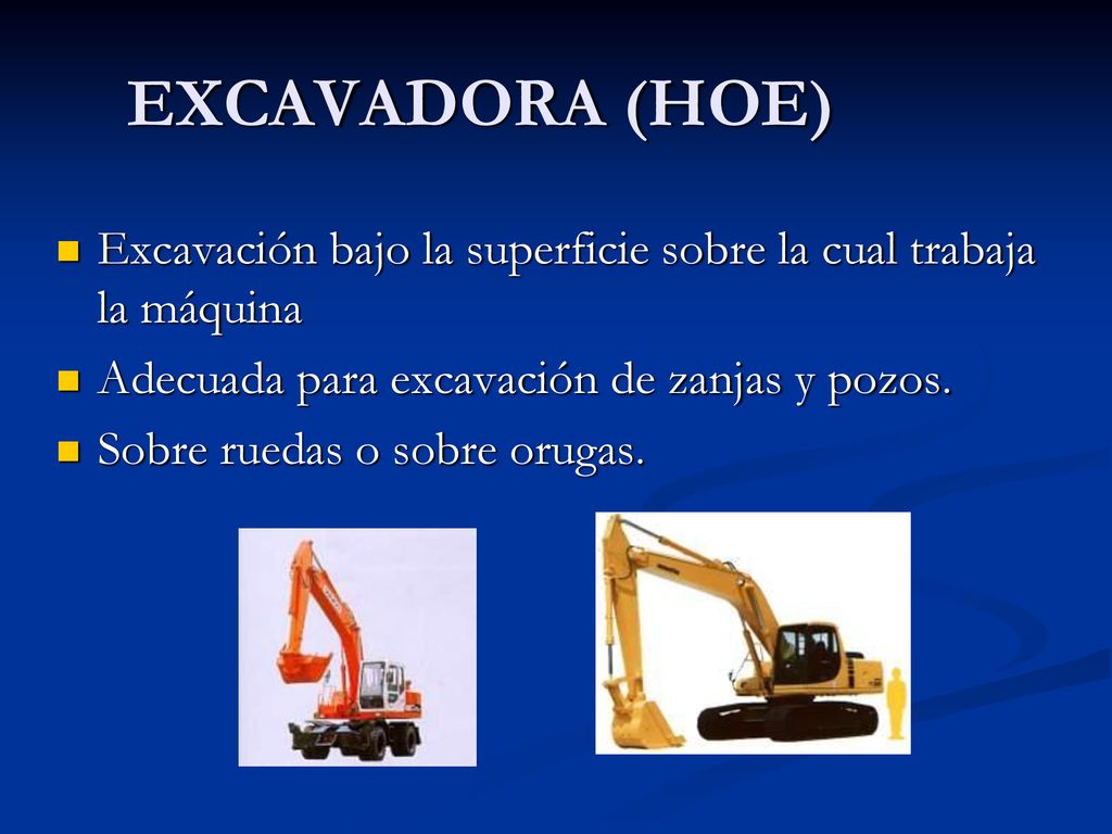 EXCAVADORA (HOE) Excavación bajo la superficie sobre la cual trabaja la máquina. Adecuada para excavación de zanjas y pozos.