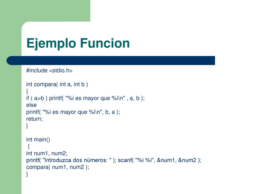 Ejemplo Funcion #include <stdio.h> int compara( int a, int b ) {
