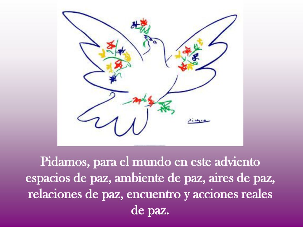 Pidamos, para el mundo en este adviento espacios de paz, ambiente de paz, aires de paz, relaciones de paz, encuentro y acciones reales de paz.