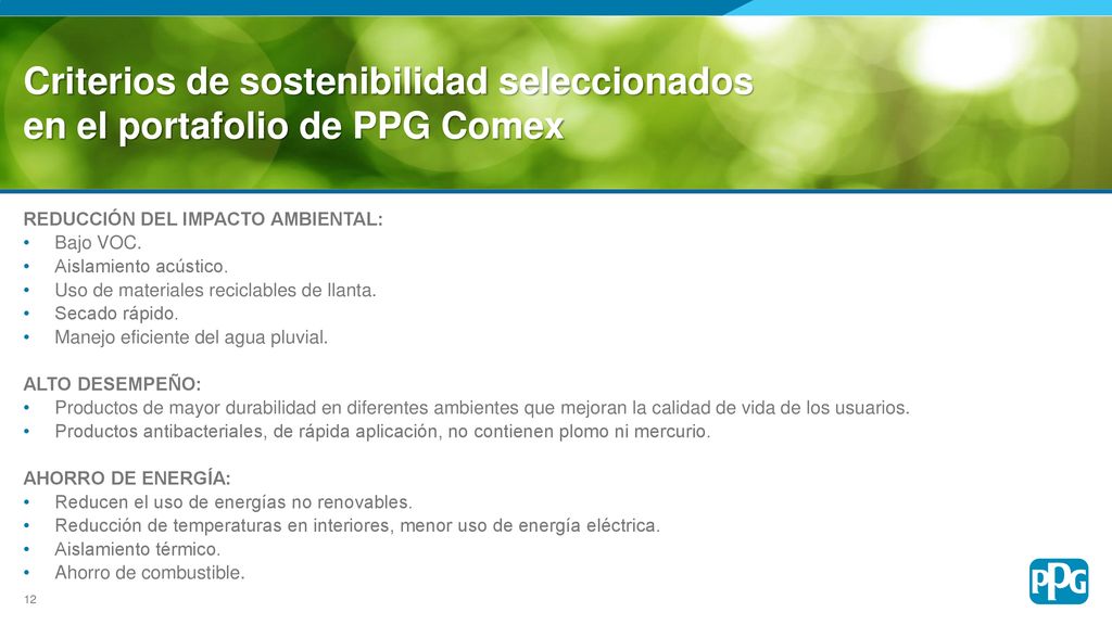 Criterios de sostenibilidad seleccionados en el portafolio de PPG Comex