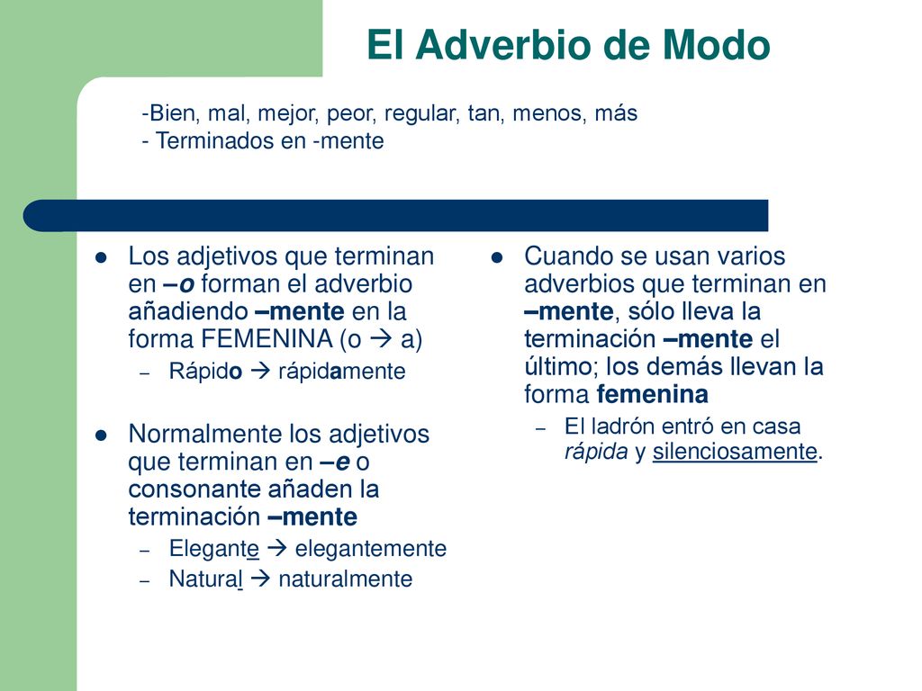 El Adverbio de Modo Bien, mal, mejor, peor, regular, tan, menos, más. Terminados en -mente.