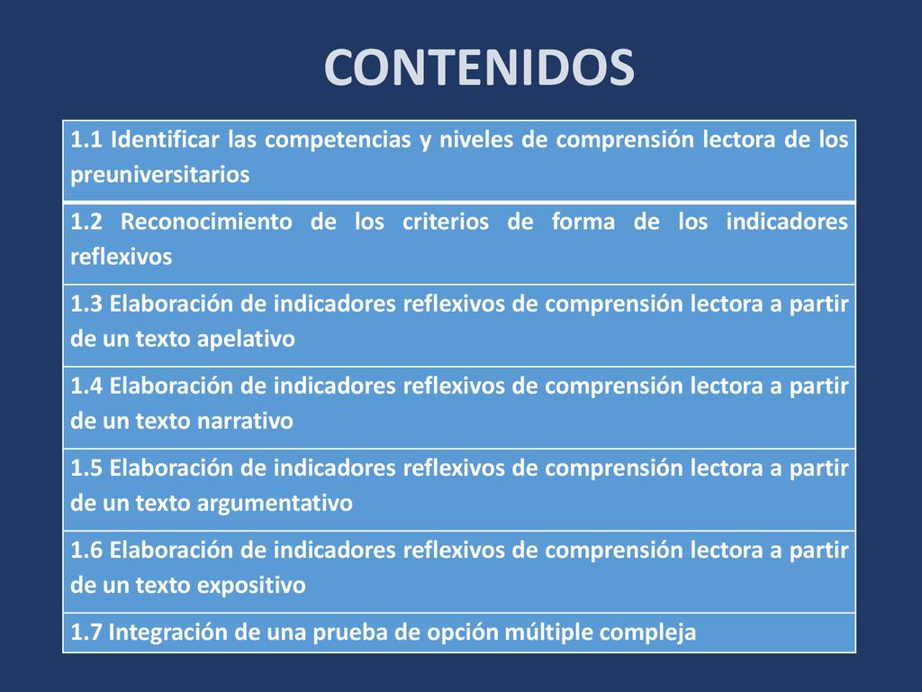 CONTENIDOS 1.1 Identificar las competencias y niveles de comprensión lectora de los preuniversitarios.
