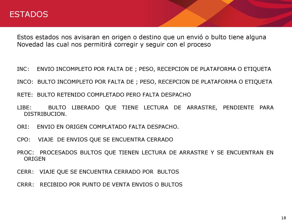 ESTADOS Estos estados nos avisaran en origen o destino que un envió o bulto tiene alguna.