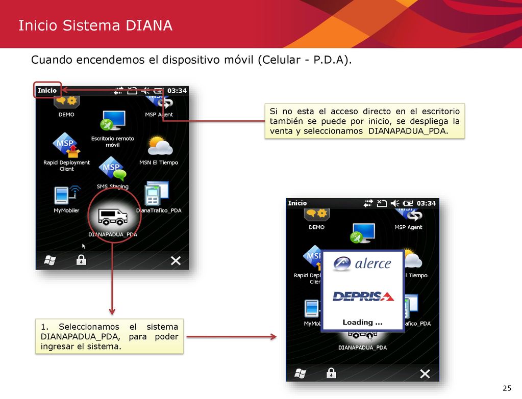 Inicio Sistema DIANA Cuando encendemos el dispositivo móvil (Celular - P.D.A).