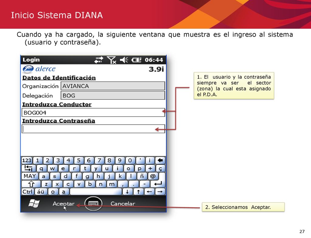 Inicio Sistema DIANA Cuando ya ha cargado, la siguiente ventana que muestra es el ingreso al sistema (usuario y contraseña).