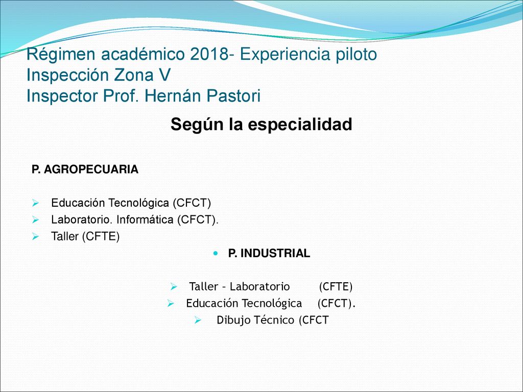 Régimen académico Experiencia piloto Inspección Zona V Inspector Prof. Hernán Pastori