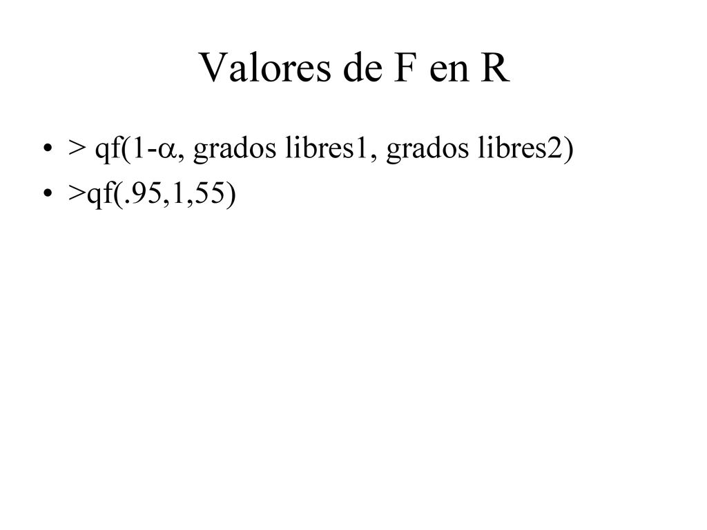 Valores de F en R > qf(1-a, grados libres1, grados libres2)
