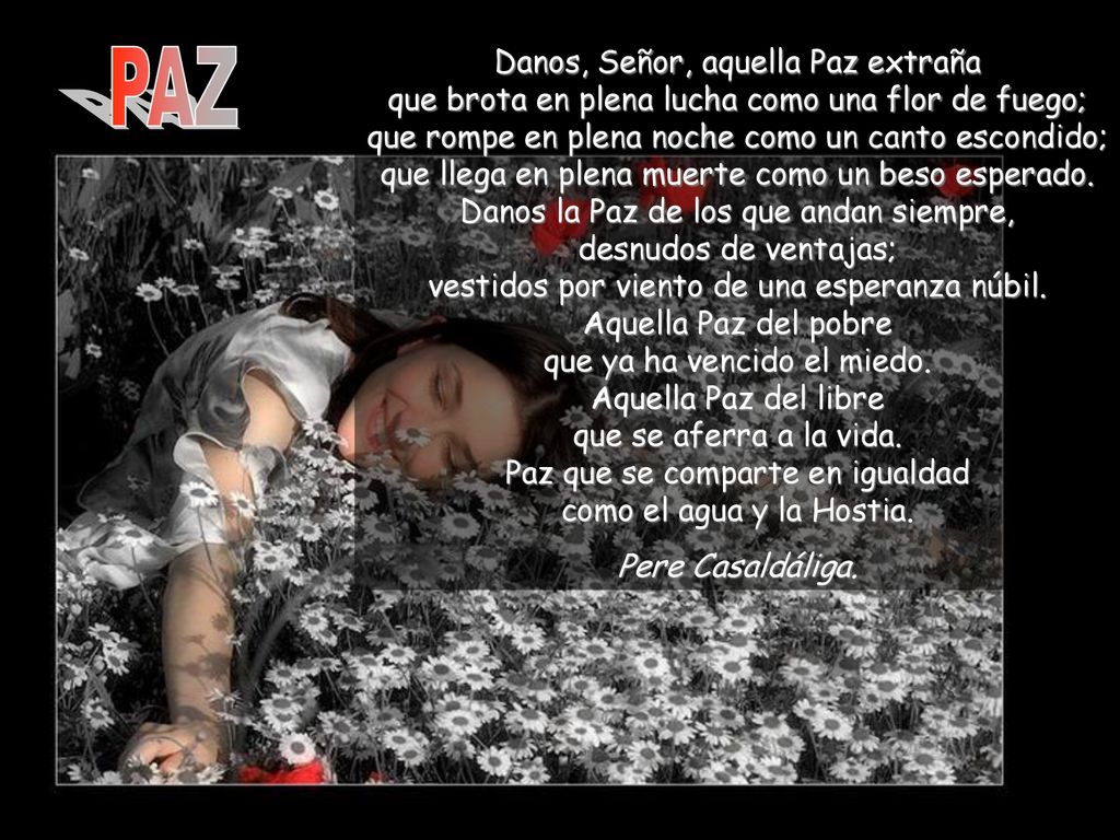 Danos, Señor, aquella Paz extraña que brota en plena lucha como una flor de fuego; que rompe en plena noche como un canto escondido; que llega en plena muerte como un beso esperado. Danos la Paz de los que andan siempre, desnudos de ventajas; vestidos por viento de una esperanza núbil. Aquella Paz del pobre que ya ha vencido el miedo. Aquella Paz del libre que se aferra a la vida. Paz que se comparte en igualdad como el agua y la Hostia.