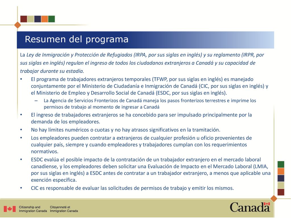 Resumen del programa La Ley de Inmigración y Protección de Refugiados (IRPA, por sus siglas en inglés) y su reglamento (IRPR, por.