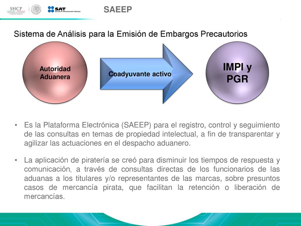 SAEEP Sistema de Análisis para la Emisión de Embargos Precautorios. Autoridad. Aduanera. IMPI y PGR.