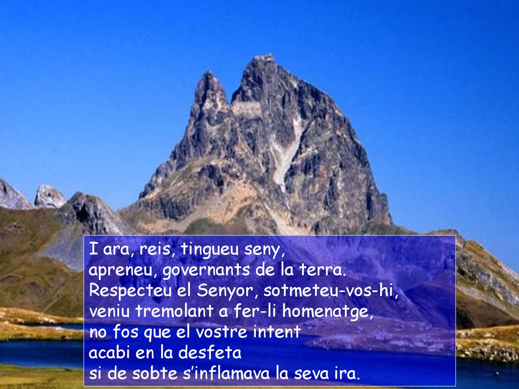 I ara, reis, tingueu seny, apreneu, governants de la terra. Respecteu el Senyor, sotmeteu-vos-hi, veniu tremolant a fer-li homenatge,